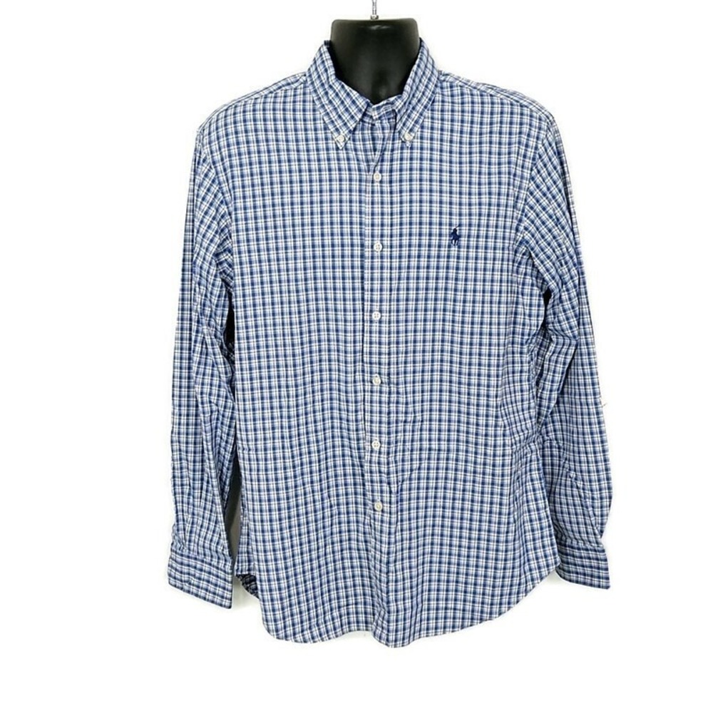 Ralph Lauren Performance Check Shirt Blue White Preppy Button Up Long Slv sz L